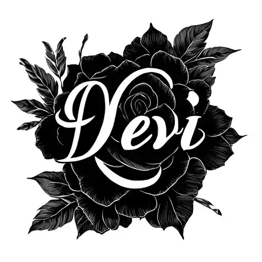 “Minimalist black ink tattoo design, romantic and elegant. The word ‘Devi’ written in stylish calligraphy as the main fo tattoo design idea