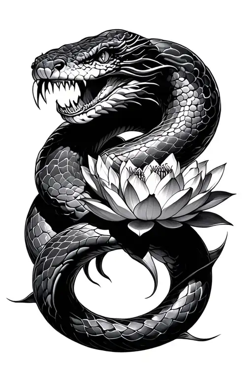 Snake with Fangs around a Lotus tattoo design idea