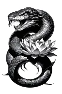 Snake with Fangs around a Lotus tattoo design idea