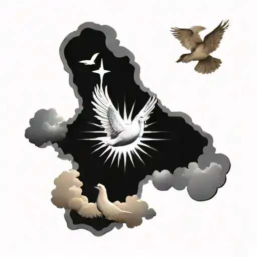 negative space cross with doves and sun rays and clouds sleeve tattoo design idea