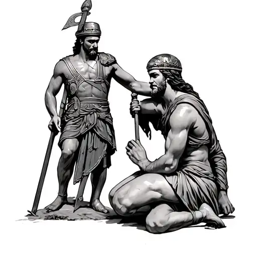 a grec soldier kneeling before gods tattoo design idea