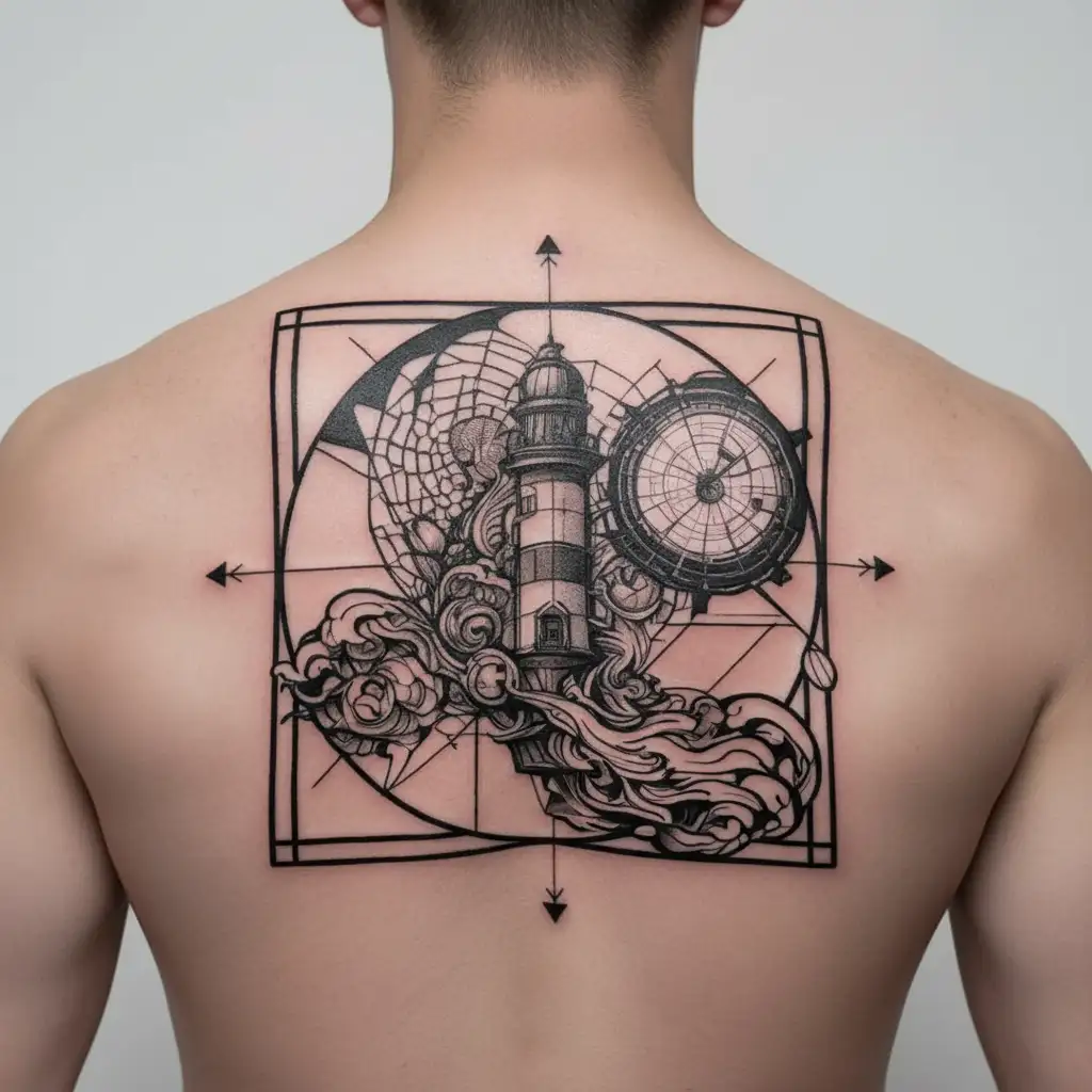 titan atlas holding the world, a lighthouse, stoicism tattoo design idea