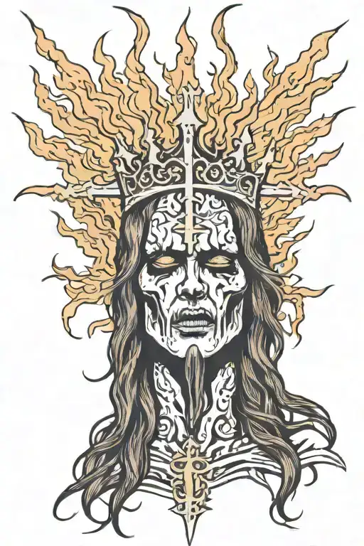 A black metal singer face with long hair and a minimal church burning on his head tattoo design idea