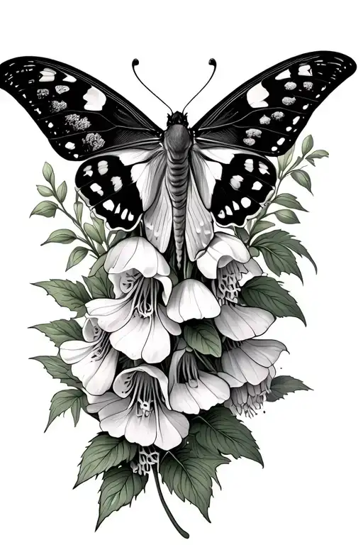 lunar moth surrounded by foxglove flowers tattoo design idea