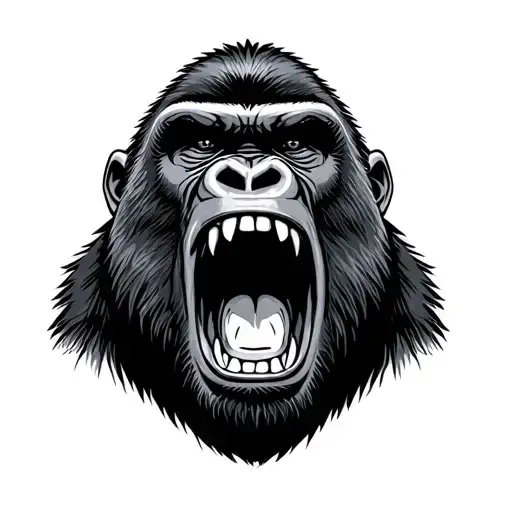 Gorilla with his mouth open and the bottom of the black mouth looking straight tattoo design idea