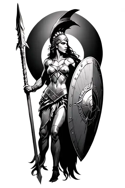 ares as a female spartan with spear and shield adorned tattoo design idea