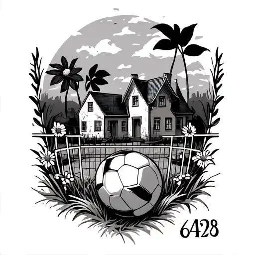 Handball cage and rugby post and two houses with flowers and grass then a number 64290 tattoo design idea