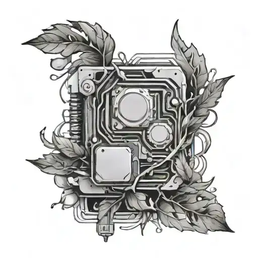 An abstract representation of a computer chip intertwined with branches and leaves tattoo design idea