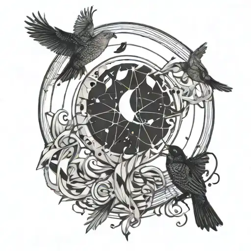 A moon made of musical notes with birds flying around it tattoo design idea