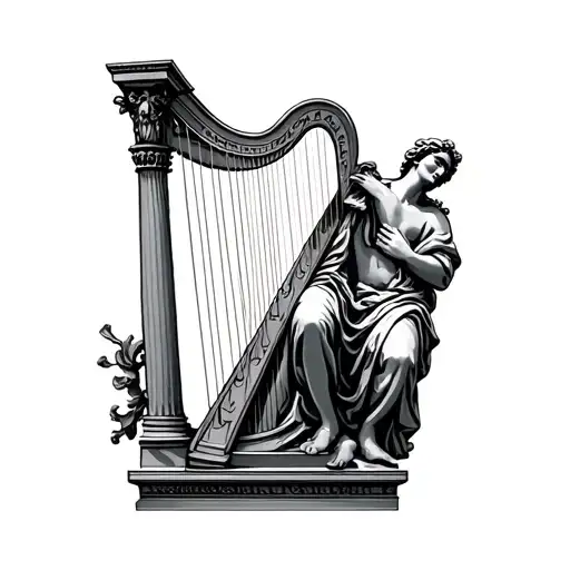 a harp with a statue of janus as the pillar tattoo design idea