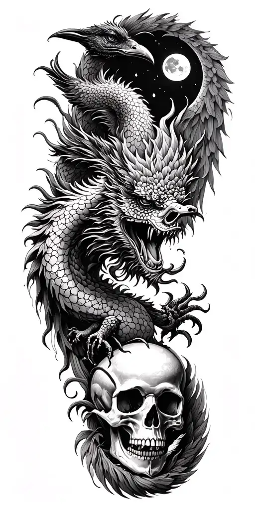 Chinese dragon and phoenix and skull and moon and raven tattoo design idea