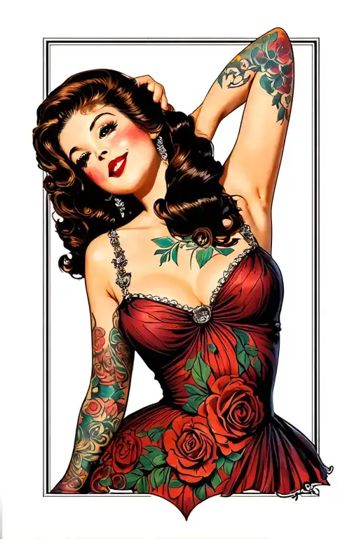 girl pinup style with brunete hair and sexy dress  tattoo design idea