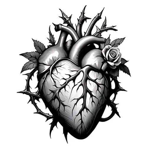 Human heart guarded by thorns and roses tattoo design idea