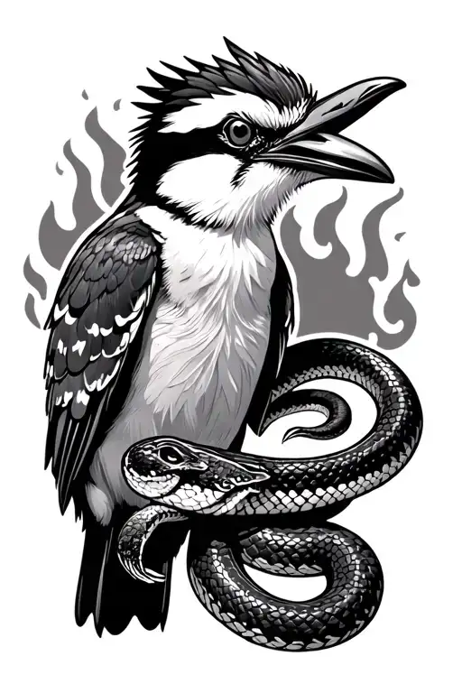 realistic kookaburra eating a snake with fire background black tattoo design idea