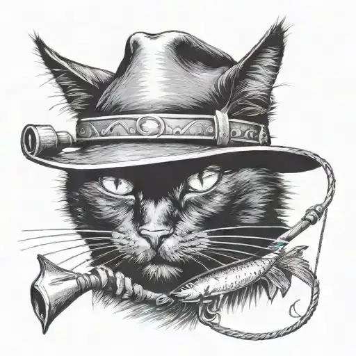 black cat with a cowboy hat on with a fishing rod behind it tattoo design idea