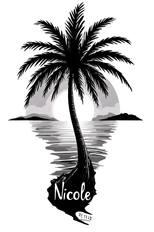 Sunset In The Background palm tree with "Nicole 22-11-2012" written like it's a part of the tree trunk tattoo design idea