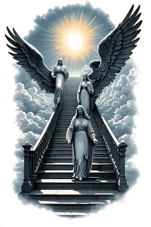 stairway to heaven walking up stairs angels sun rays clouds heaven gate at the top of the stairs  tattoo design idea