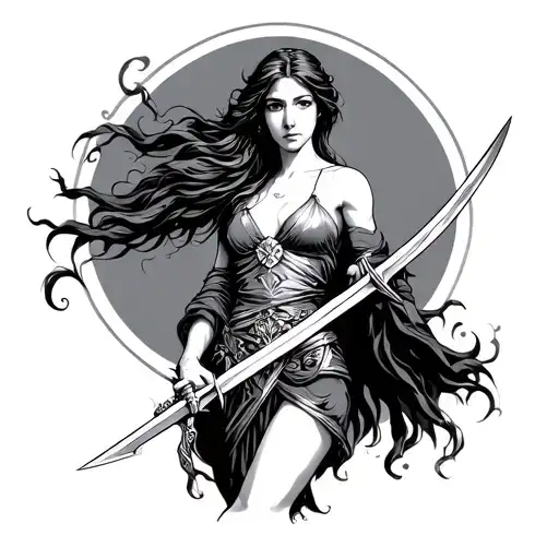 Virgo maiden holding sword tattoo design idea