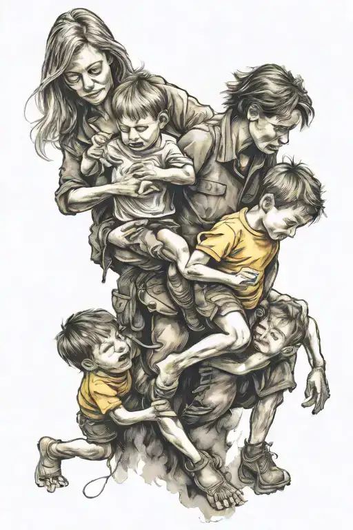 3 young boys pulling mom back down to earth tattoo design idea