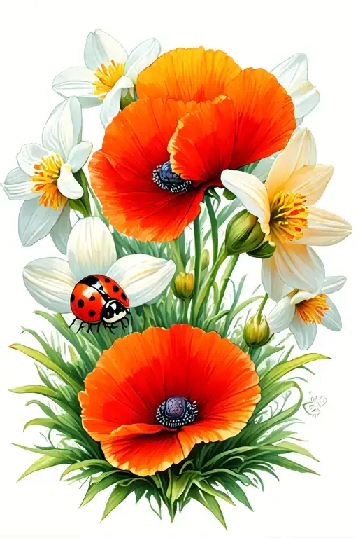 ladybug with poppy and paperwhite narcissus flower tattoo design idea