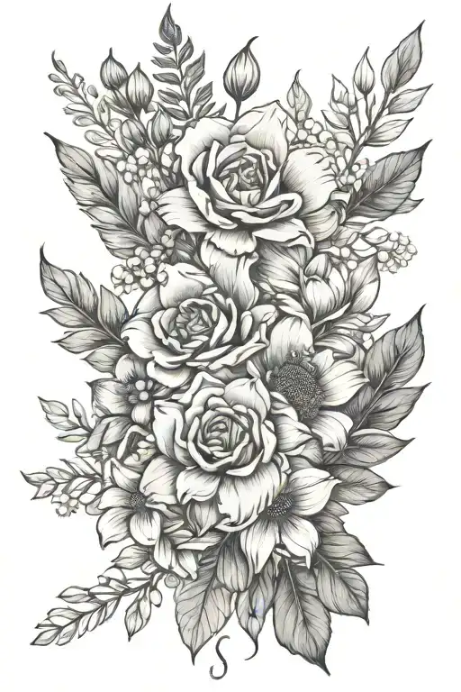 September, June, December birth flower bouquet tattoo design idea