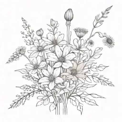 sideways bouquet of wildflowers with the stem writing "did i cross the line" tattoo design idea