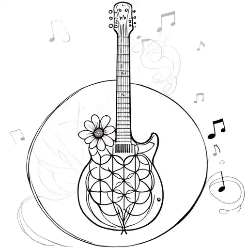 flower of life, guitar mixed with piano, musical notes tattoo design idea