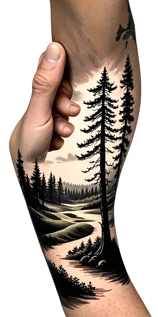 pine forest wrap around tree golf course family tattoo design idea