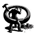 shadow of a man standing in a ring and working on a ring with hammer and chisel tattoo design idea