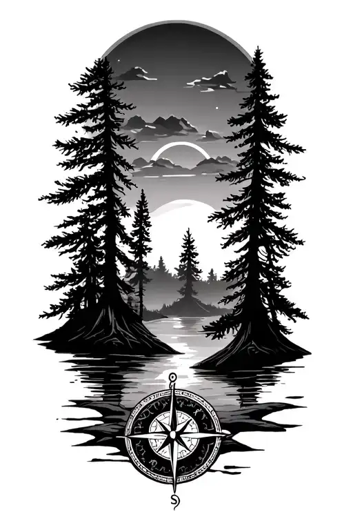 forest, sunset, compass, pine trees, tattoo design idea