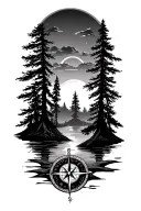 forest, sunset, compass, pine trees, tattoo design idea