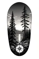 forest, sunset, compass, pine trees, tattoo design idea
