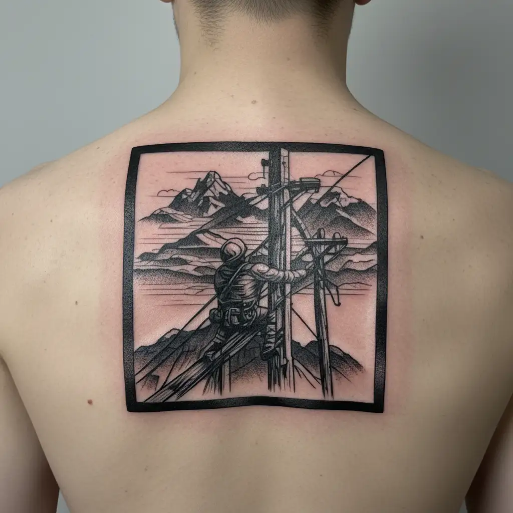 A lineman working on a power pole with a backdrop of mountains tattoo design idea