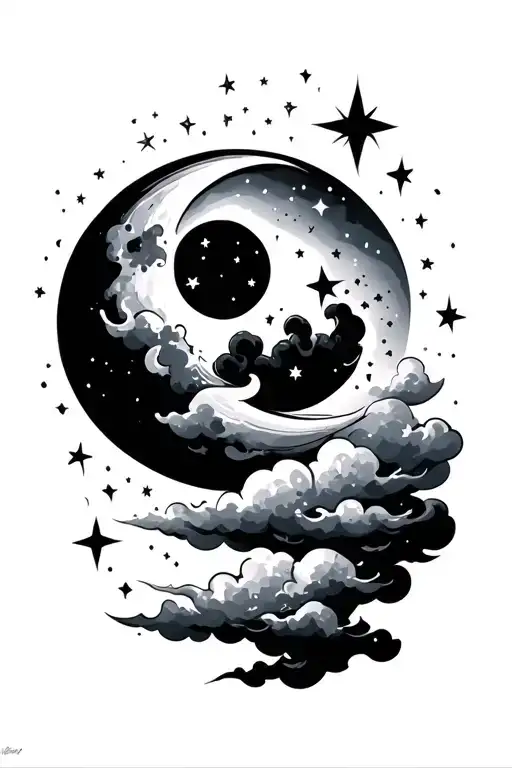 small moon cloud stars chaotic tattoo design idea