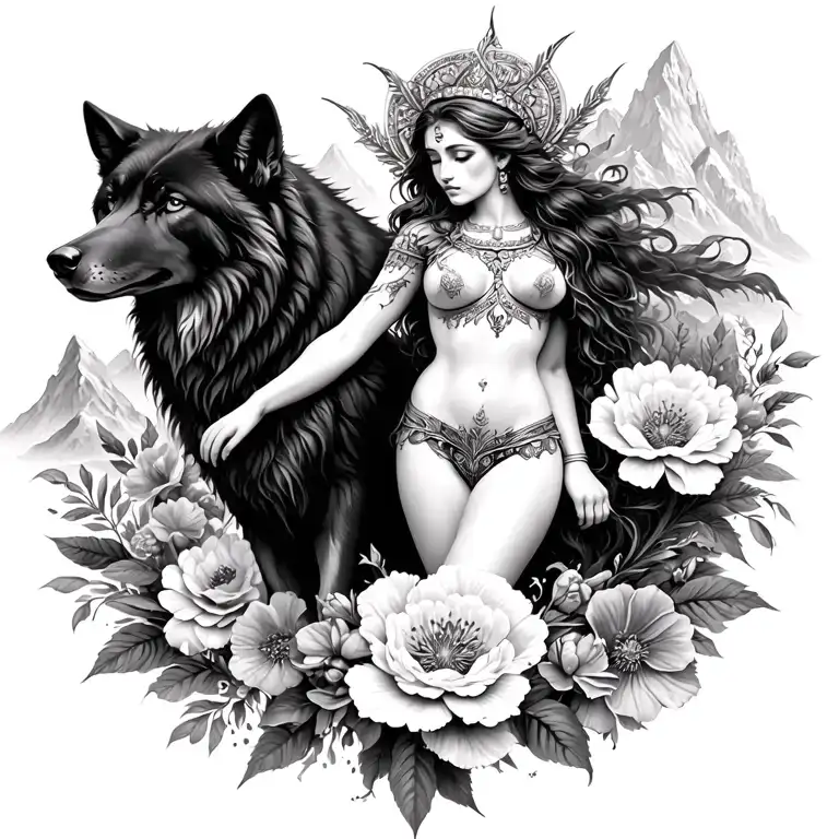 Athena sexy goddess surrounded by poeny flowers and black wolf with mountains  tattoo design idea