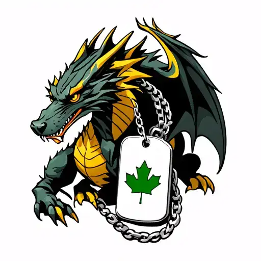 Tattoo wrist small Colour green & yello of Canada flag on a dog tag w full body realistic Dragon wearing Necklace around tattoo design idea