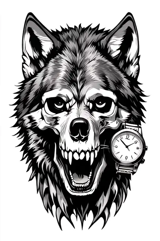 wolf with skull with watch in mouth open looking tattoo design idea