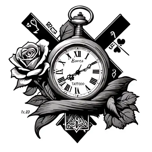 a cross wrapped with one rose and a pocket watch face surrounded by a deck of cards and the date 11/26/2023  tattoo design idea