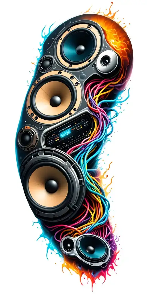 car ampifier with wires coming out of a skin and speakers surrounding it and car audio details tattoo design idea