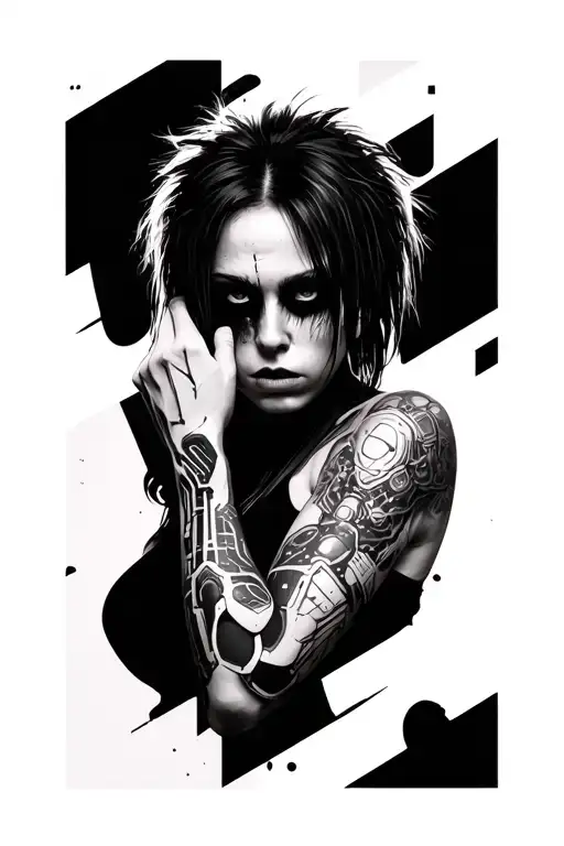 punk female with blurred face and cybernetic left arm tattoo design idea