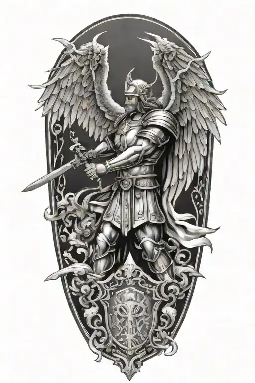 st Michael with halo holding a shield and a sword. the tip of the sword is going into the resting serpent at his feet tattoo design idea