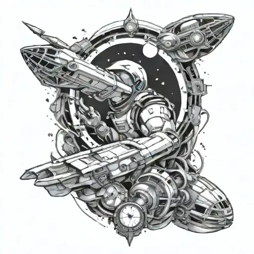 Full sleeve black and white with the theme being space, sci-fi, UFO, time travel tattoo design idea