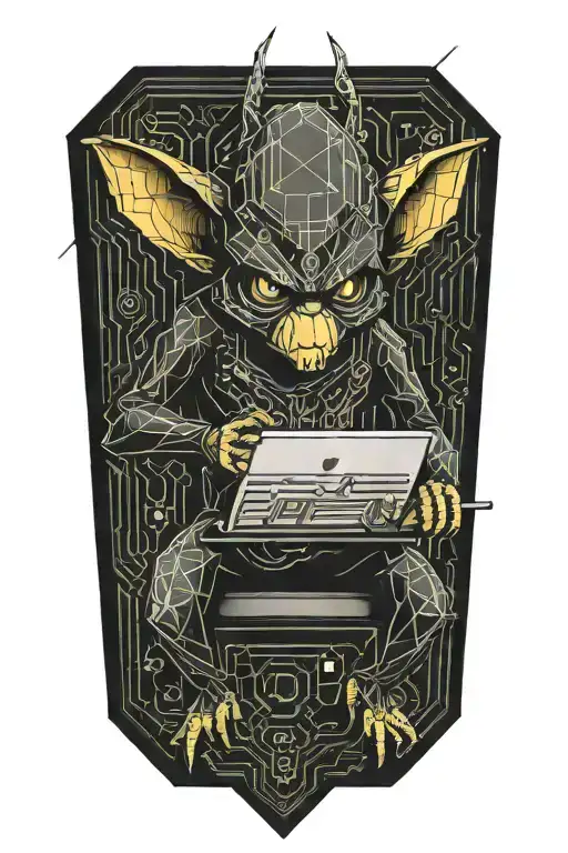 gremlin hacker using a laptop circuit board tattoo design idea