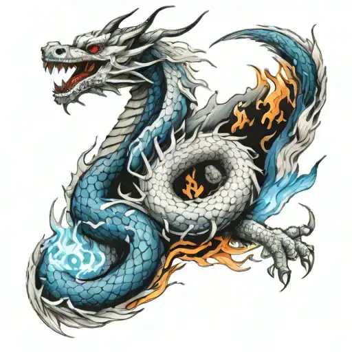 a white dragon with blue fire coming tattoo design idea