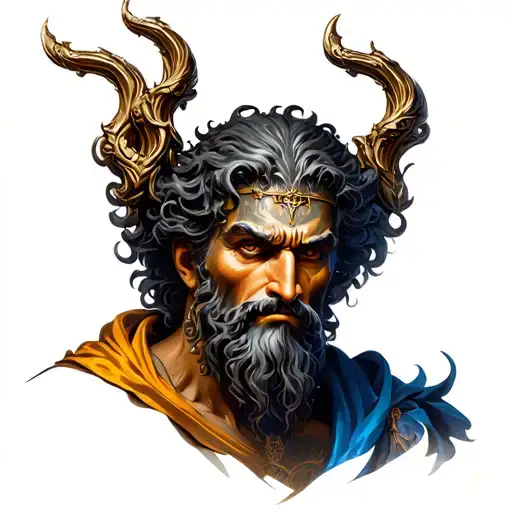 create an image of Hades the Greek God with his bident tattoo design idea