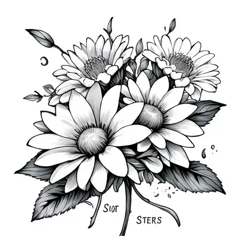 "Sisters" Daisy And Water Lily and Aster flower intertwined tattoo design idea