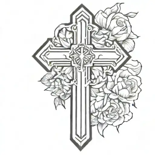 Firefighter And Christian Cross With Flowers Tattoo Idea tattoo design idea