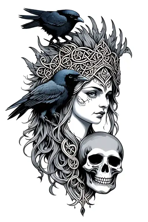 Celtic goddess head with crows and skulls tattoo design idea