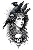 Celtic goddess head with crows and skulls tattoo design idea