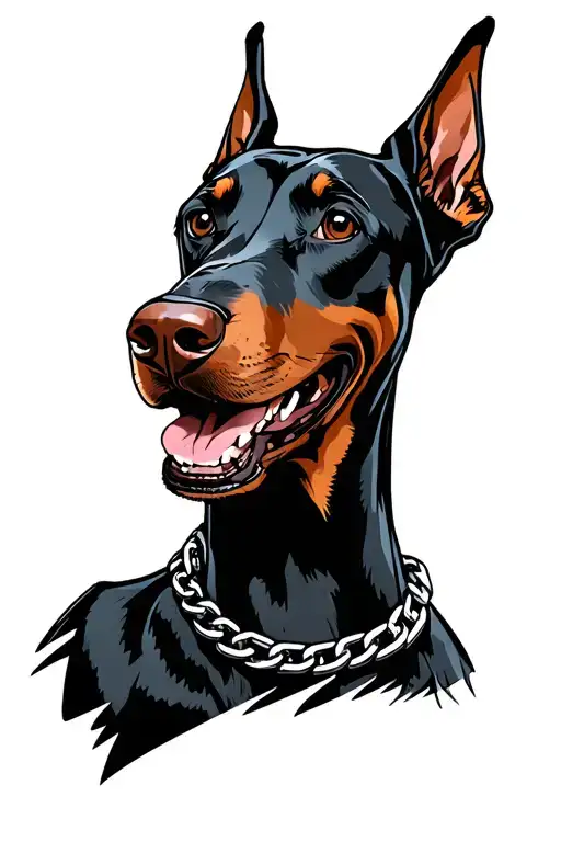 smiling doberman head comicstyle with chain necklace tattoo design idea